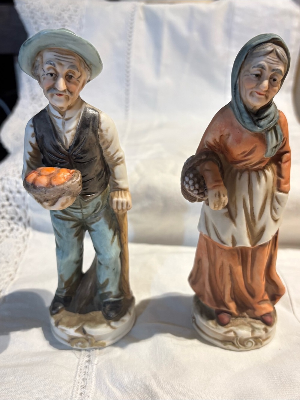 Vintage Farmer Couple Porcelain Figurines - Orange, Blue, Cream